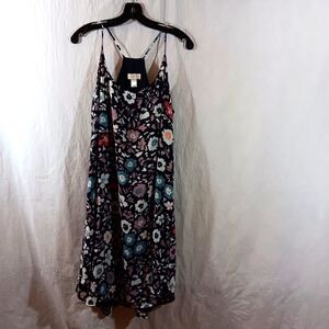 Loft Womens Large Dress Flare Navy Blue Floral Racerback Swing